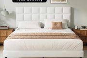 Double Bed Frame, Easy Assembly, Sturdy Wooden Slat Support, Upholstered Platform with Headboard, No Box Spring Needed, White Double Bed 135x190