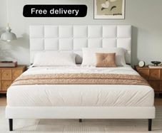 Double Bed Frame, Easy Assembly, Sturdy Wooden Slat Support, Upholstered Platform with Headboard, No Box Spring Needed, White Double Bed 135x190