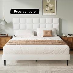 Double Bed Frame, Easy Assembly, Sturdy Wooden Slat Support, Upholstered Platform with Headboard, No Box Spring Needed, White Double Bed 135x190