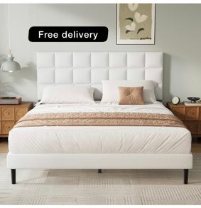Double Bed Frame, Easy Assembly, Sturdy Wooden Slat Support, Upholstered Platform with Headboard, No Box Spring Needed, White Double Bed 135x190