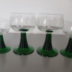 Vintage Glasses Luminarc France Etched Cordial Green Ribbed Stem