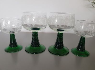 Vintage Glasses Luminarc France Etched Cordial Green Ribbed Stem