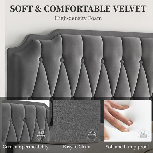 Double Upholstered Velvet Bed Frame with with Diamond Button