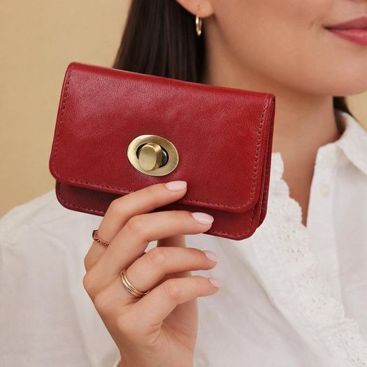 Premium Genuine Leather Wallet for Women Stylish Red Clutch Wallet with Button Closure