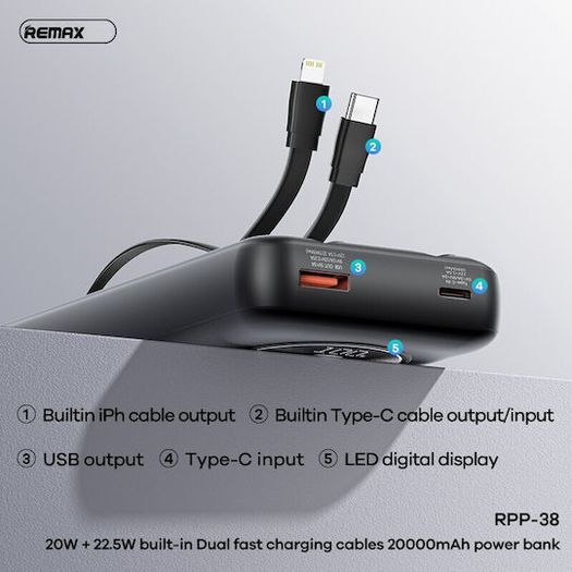 REMAX RPP-38 20W+22.5W Built-in Dual Fast Charging Cables Power Bank 20000mAh