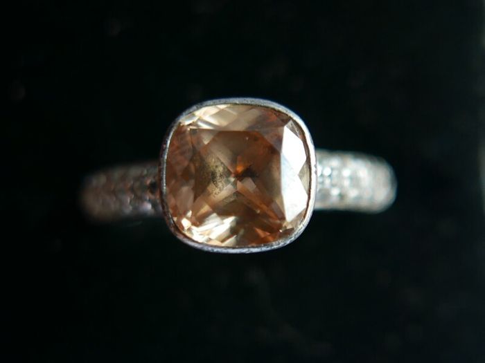 Vintage Genuine Fossil Sterling Silver 925 hallmarked  Yellow Stone Ring size P - 5,2g