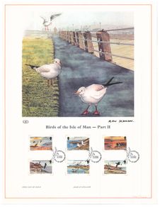 1983 Isle of Man Limited Edition Lithographed Print measuring 333mm X 257mm showing Low Value Definitive Stamp Part 2 12p, 13p, 14p, 15p, 16p & 18p with First Day of Issue Cancel