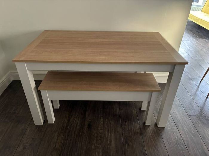 Dining table and bench set - oak effect and white