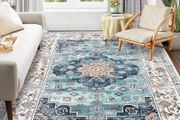 120 x 180 cm Non-Shedding Print Floor Carpet Machine Washable Rugs for Living Room Non Slip Traditional Boho Floor Carpet Rugs for Bedroom Dining Room, Vintage Teal