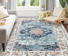 120 x 180 cm Non-Shedding Print Floor Carpet Machine Washable Rugs for Living Room Non Slip Traditional Boho Floor Carpet Rugs for Bedroom Dining Room, Vintage Teal