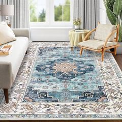 120 x 180 cm Non-Shedding Print Floor Carpet Machine Washable Rugs for Living Room Non Slip Traditional Boho Floor Carpet Rugs for Bedroom Dining Room, Vintage Teal
