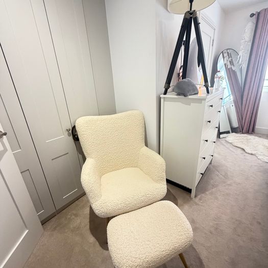 Sheep skin arm chair and foot stool