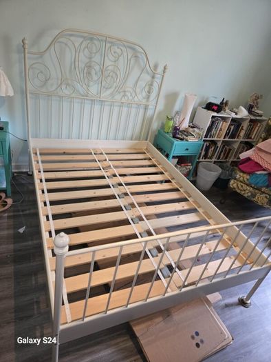 IKEA Double bed - white metal frame with mattress and under-bed storage