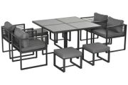 8 Seater Garden Dining Cube Set - Aluminium Outdoor Furniture Set Including Dining Table, 4 Chairs, and 4 Footstools with Cushions, Grey