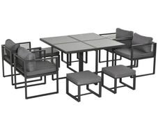 8 Seater Garden Dining Cube Set - Aluminium Outdoor Furniture Set Including Dining Table, 4 Chairs, and 4 Footstools with Cushions, Grey