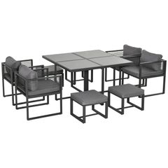8 Seater Garden Dining Cube Set - Aluminium Outdoor Furniture Set Including Dining Table, 4 Chairs, and 4 Footstools with Cushions, Grey