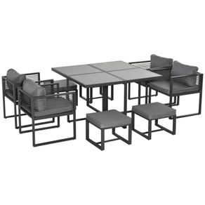 8 Seater Garden Dining Cube Set - Aluminium Outdoor Furniture Set Including Dining Table, 4 Chairs, and 4 Footstools with Cushions, Grey