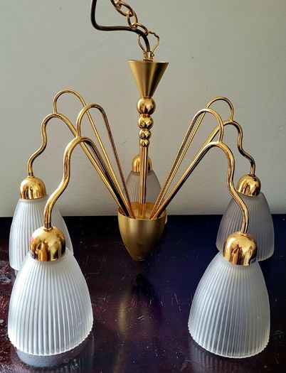 Vintage 60s style brass & glass 5 arm light fitting