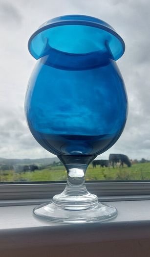 Stunning Vintage Oversized Hand-Blown Glass Brandy Balloon Vase With a Turnover Rim, In a Fantastic Petrol Blue with a Clear Stem and Foot, Perfect as a Hurricane-Style Candle Holder