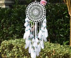 Large Boho Dream Catcher with White Feather and Blue Beads Macrame Wall Hanging (70cm x 25cm)