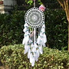 Large Boho Dream Catcher with White Feather and Blue Beads Macrame Wall Hanging (70cm x 25cm)