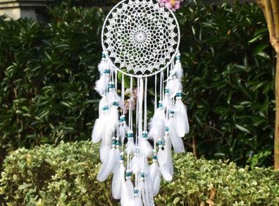 Large Boho Dream Catcher with White Feather and Blue Beads Macrame Wall Hanging (70cm x 25cm)