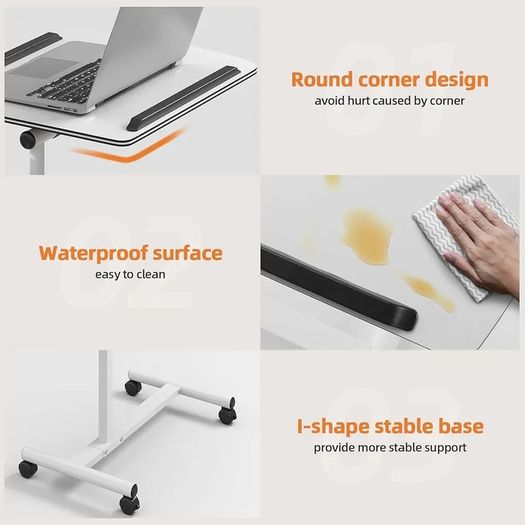 Height Adjustable Computer Desk on Wheels, Rolling Laptop Desk with Cooling Fan, Overbed Table with Mouse Tray, Laptop Table with Pen Holder, Bedside Table for Home Office, White