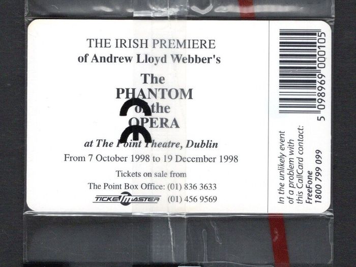 1998 Ireland 10 unit Andrew Lloyd Webber's The Phantom of the Opera musical (Schlumberger SC7 chip) Call Card Mint in Packaging. Telecom Eireann Card Number 1223