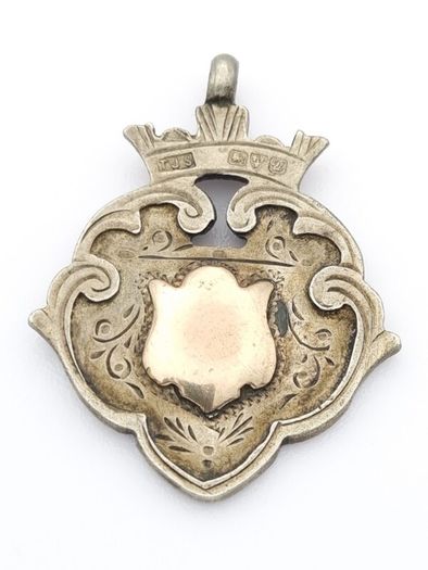 Antique 925 Sterling Silver Heraldic Fob Pendant, Rose Gold Detail Shield, Chester 1920