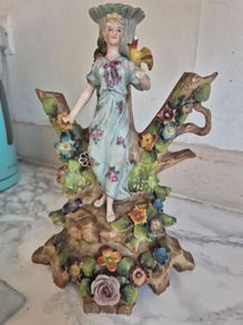 Antique German porcelain figural spill vase tree trunk & maiden c,1900