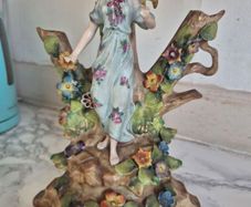 Antique German porcelain figural spill vase tree trunk & maiden c,1900