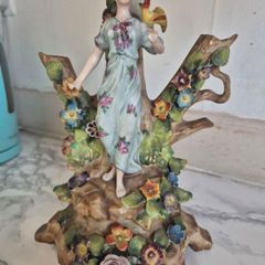 Antique German porcelain figural spill vase tree trunk & maiden c,1900