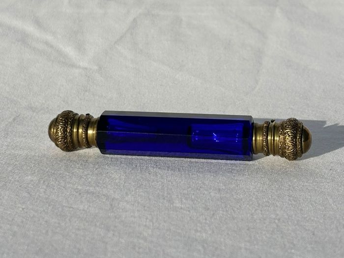 Victorian Bristol Blue Double Ended Scent Bottle - Perfume & Smelling Salts c1880