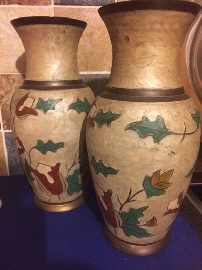 Hand decorated pair of Asia brass vases free postage