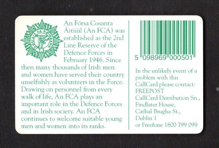 1996 Ireland 50 unit 50th anniversary of An Forsa Cosanta Aitiuil (An F.C.A), the 2nd line reserve of the Defense Forces (Schlumberger SC7) Call Card Used
