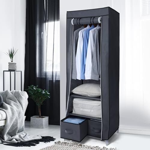 Portable Wardrobe Single Canvas Wardrobe Clothes Storage Organizer with 2 Drawers and Hanging Rail Foldable Closet for Clothes, Bags, Toys, Shoes, Living Room, Bedroom 160 x 59 x 43CM (Grey)