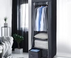 Portable Wardrobe Single Canvas Wardrobe Clothes Storage Organizer with 2 Drawers and Hanging Rail Foldable Closet for Clothes, Bags, Toys, Shoes, Living Room, Bedroom 160 x 59 x 43CM (Grey)