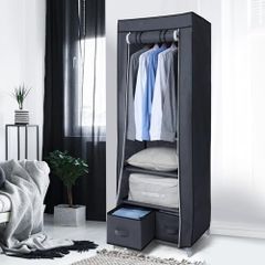 Portable Wardrobe Single Canvas Wardrobe Clothes Storage Organizer with 2 Drawers and Hanging Rail Foldable Closet for Clothes, Bags, Toys, Shoes, Living Room, Bedroom 160 x 59 x 43CM (Grey)