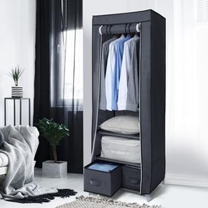 Portable Wardrobe Single Canvas Wardrobe Clothes Storage Organizer with 2 Drawers and Hanging Rail Foldable Closet for Clothes, Bags, Toys, Shoes, Living Room, Bedroom 160 x 59 x 43CM (Grey)