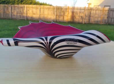 Murano Glass Red and Zebra Striped Conch Shell Bowl