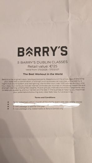 Barry's fitness class x 5 use voucher