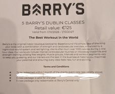 Barry's Fitness class x 5 visits voucher