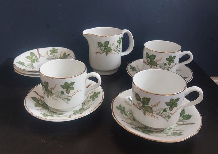 Small Collection of Arklow Pottery Coffee Set Items in the Ragusa Pattern, Plus Some Free Matching Pattern Saucers by Royal Tara.