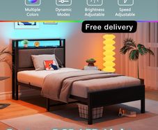 3ft Single Bed Frame with Storage Headboard,LED Lights,Metal Upholstered Platform Bed Frame with Charging