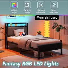 3ft Single Bed Frame with Storage Headboard,LED Lights,Metal Upholstered Platform Bed Frame with Charging