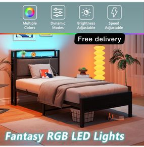 3ft Single Bed Frame with Storage Headboard,LED Lights,Metal Upholstered Platform Bed Frame with Charging