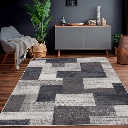 Modern Geometric Patchwork Indoor Area Rug for Living Room, Charcoal 80x150 cm Large Bedroom Rug Rockwood Collection Hardwood Floors Decor, Grey Carpet for Office Entryway Dining Room