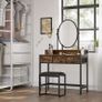 Dressing Table, Dressing Table with Stool, Cosmetic Table with Oval Mirror and Open Compartment, Drawers, Industrial Design, for Bedroom, Dressing Room, Vintage Brown/Black Image 2