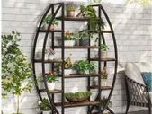 Industrial Half-Moon Bookshelf 5 Tier Oval Bookcase & Plant Stand with Metal Frame  Rustic Brown