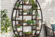 Industrial Half-Moon Bookshelf 5 Tier Oval Bookcase &amp; Plant Stand with Metal Frame  Rustic Brown